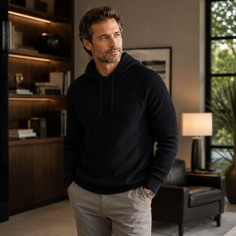 J.Crew Hoodie Mens M Black Cashmere Waffle Knit Pullover Luxury Sweater CB523